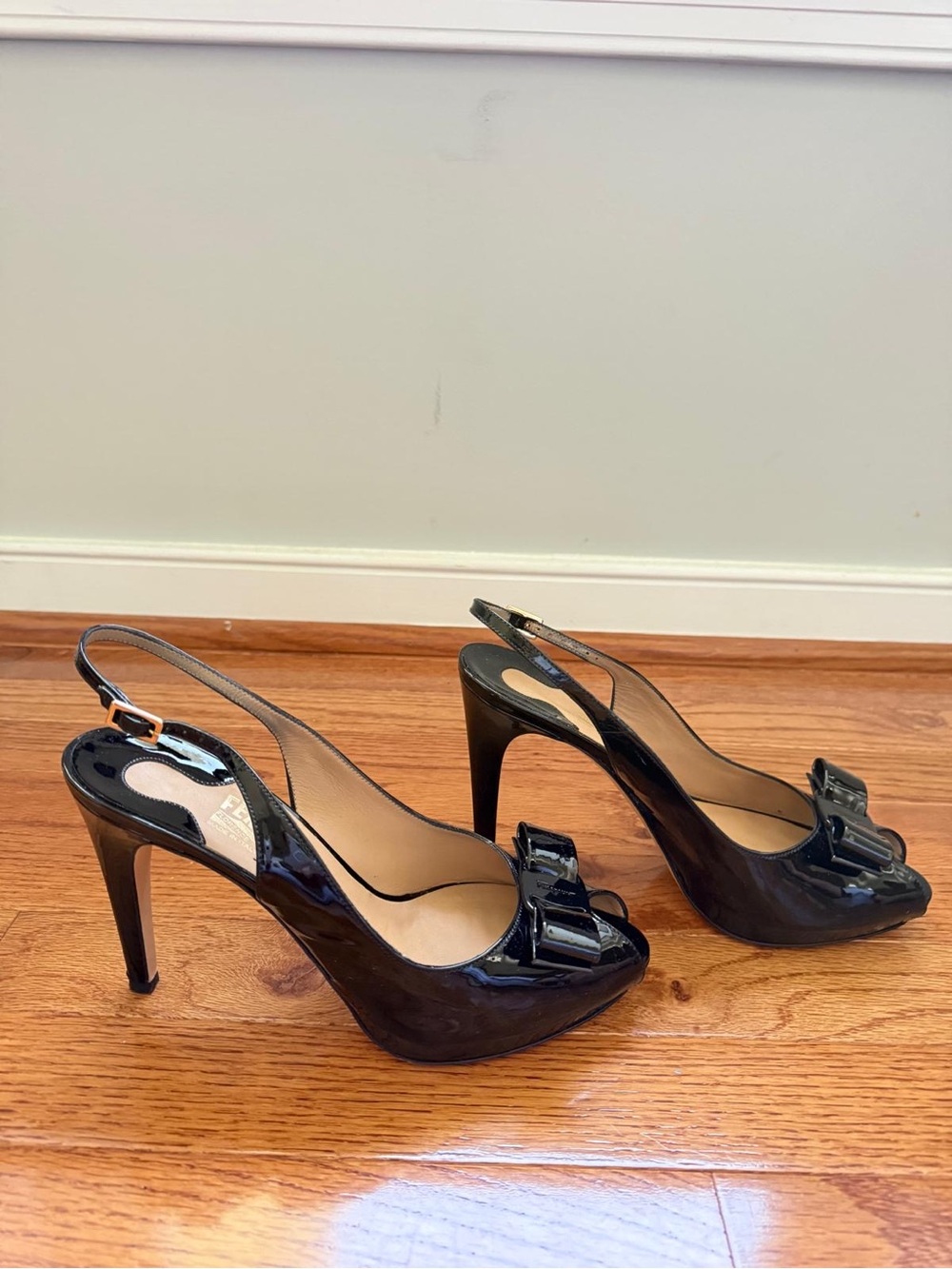 Salvatore Ferragamo Black Patent Slingback Vara Peep-Toe Heels with Bow